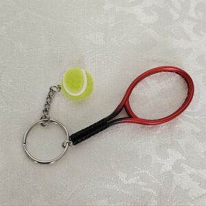 Mini Red Tennis Racket Keychain with Green Tennis Ball